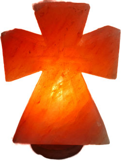 LAMPA  KRZYŻ Z SOLI HIMALAJSKIEJ Z PODSTAWĄ Z DREWNA